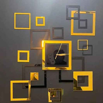 Square Shaped Silver & Golden Acrylic Clock For Wall Decor